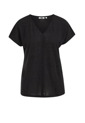Top negro de mujer de manga corta con escote en V y ajuste suelto, hecho de tela ligera y ligeramente translúcida.
