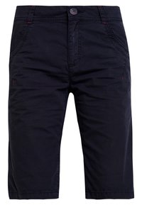 Mörkblå shorts av lätt tyg. Har knäppning med knapp, två framfickor och subtila röda sömnadsdetaljer.