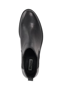 Black leather ankle boot with a smooth finish, elastic side panels, and a pull tab at the heel. Features a rounded toe and subtle stitching.