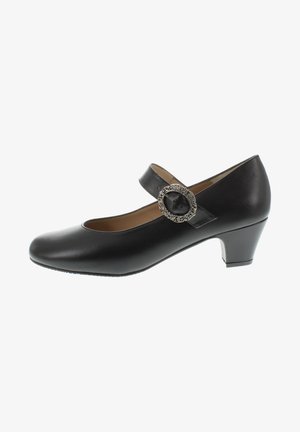 Black leather Mary Jane shoe with a round toe, low heel, and a decorative round buckle on the strap. Smooth texture and classic design.