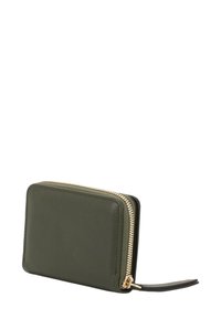 Green leather wallet with gold zip closure, rectangular shape, and a slim profile. Features a leather pull tab on the zipper.