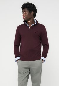 Bordeaux gebreide trui met een hoge kraag, voorzien van een rits. Draagt over een lichtblauw en wit gestreept shirt. Gecombineerd met lichtgrijze broek.