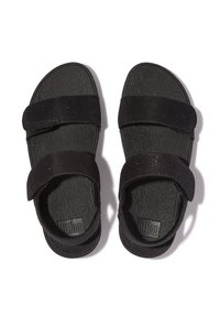 Sandali neri con due larghe cinghie in tessuto, fondo in materiale sintetico testurizzato e suola in gomma, con logo impresso sulla soletta.