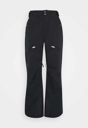 Pantalon extérieur noir avec poches zippées sur les cuisses et les côtés, taille à double bouton et jambes légèrement évasées.