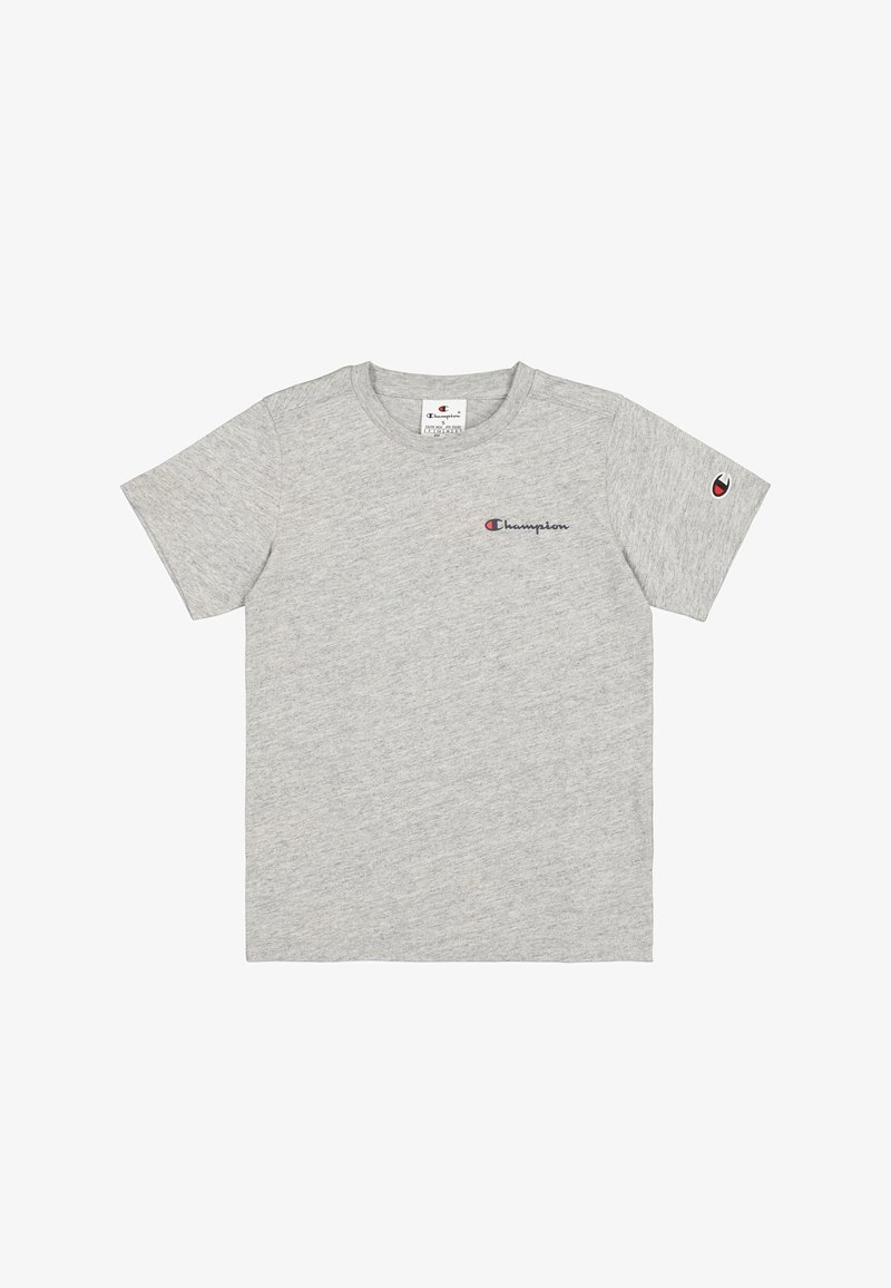 Hellgraues T-Shirt mit kurzen Ärmeln und Rundhalsausschnitt, mit kleinem Champion-Logo auf der linken Brust und Logo-Patch auf dem linken Ärmel.