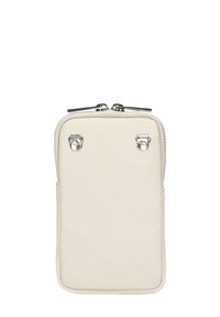 Portafoglio bianco in pelle con zip, dalla texture liscia, angoli arrotondati e hardware in tonalità argento, con due clip sulla parte anteriore.