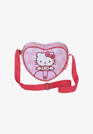Bolso rosa en forma de corazón con lunares, con un diseño de Hello Kitty. Correa roja ajustable y cierre con cremallera. Material sintético suave.