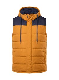 Vadderad väst i gyllene orange med marinblå detaljer, en huva, framzipper och två sidofickor. Har horisontella quiltade sektioner.