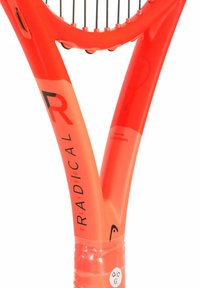 Bright orange tennis racket featuring an elongated frame with a tapered throat, black logo accents, and textured grip at the handle.