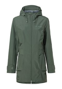 Giacca impermeabile verde con cappuccio, due tasche frontali, polsini regolabili e chiusura con zip. Design minimalista con dettaglio del logo.