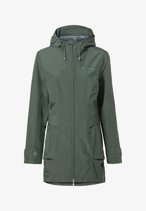 Grüne wasserdichte Jacke mit Kapuze, zwei Fronttaschen, verstellbaren Bündchen und einem Reißverschluss. Minimalistisches Design mit Logodetail.