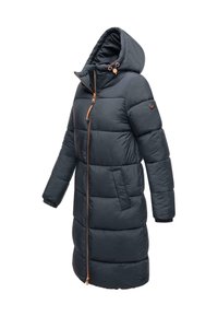 Long padded coat in dark gray, featuring a hood, zip closure with copper hardware, and elastic cuffs. Notable quilted texture and design.