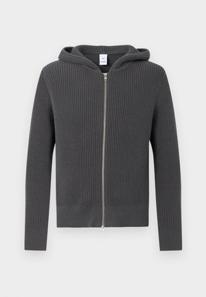 Hanorac gri închis cu fermoar, tricotat, cu textură rib, mâneci lungi, afișat pe un fundal luminos.