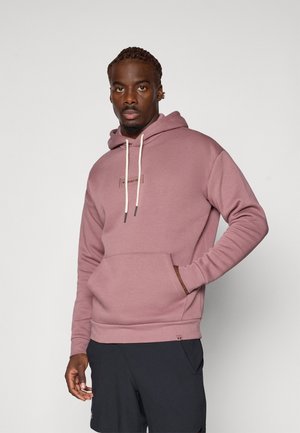 Hættetrøje i dæmpet pink bomuldsblanding. Har frontlomme, snøre og broderet logo detaljeret på brystet. Glat tekstur.