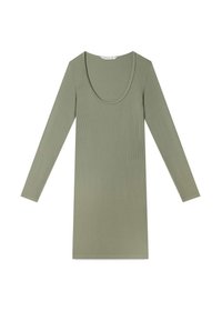 Robe côtelée à manches longues de couleur vert olive pâle. Présente un large décolleté en forme de scoop et une silhouette ajustée. Texture douce.