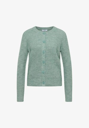 Strickjacke in hellgrün mit rundem Ausschnitt, langen Ärmeln und sechs Knöpfen vorne, die in passendem Material gehalten sind.