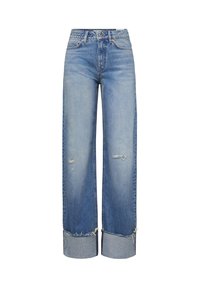 Blå høytlivs vide jeans med brettede frynsete mansjetter og slitte detaljer på lår og knær.