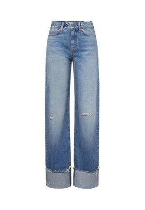 Blaue, hochtaillierte, weit geschnittene Jeans mit umgeschlagenen, ausgefransten Säumen und abgenutzten Details an Oberschenkeln und Knien.