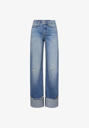 Jeans blu a vita alta con gamba larga, risvolti sfrangiati e dettagli consumati su cosce e ginocchia.