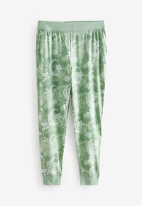 Grønne pyjamabukser med hvide halvmåner, stjerner og lanterner; blødt stof med elastisk talje og manchetter.