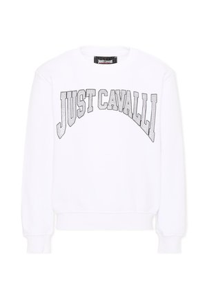 Sudadera blanca de manga larga con "JUST CAVALLI" impreso en letras grandes y delineadas en el pecho, con puños y dobladillo acanalados.