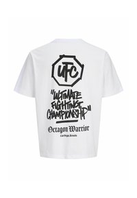 Hvid T-shirt med sort UFC-logo og teksten "Ultimate Fighting Championship," "Octagon Warrior," og "Las Vegas, Nevada" på ryggen.