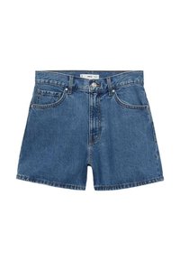 Bermudas de mezclilla en azul oscuro con cintura alta, cuentan con cinco bolsillos, presillas para cinturón y un cierre de botón en la parte frontal.