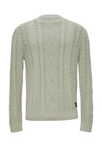 Helles grünes Strickpullover mit Zopfmuster und Diamantakzenten. Mit gerippten Bündchen und Saum. Rundhalsausschnitt-Design.