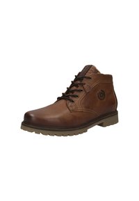 Bruine leren enkellaarzen met een ronde neus, vetersluiting en textuurdetails aan de zijkanten. Bruine rubberen zool met een geprofileerd patroon.