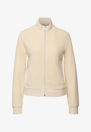 Beige ribbed zip-up jacket with a high collar and side pockets. Features textured fabric and fitted cuffs. Minimalistic design.