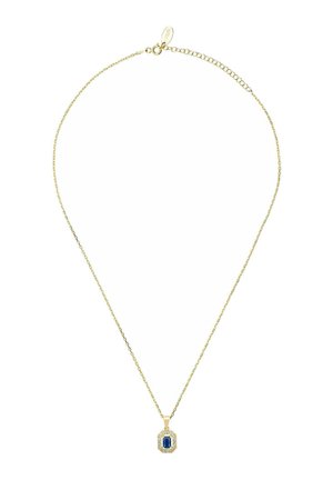 Goldkette mit einem rechteckigen blauen Edelsteinanhänger, der von kleinen klaren Steinen umgeben ist, und einem Verschluss mit Verlängerungskettchen.