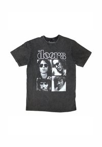 Black cotton t-shirt featuring a vintage The Doors graphic, with four black-and-white portraits and logo centered on the front.
