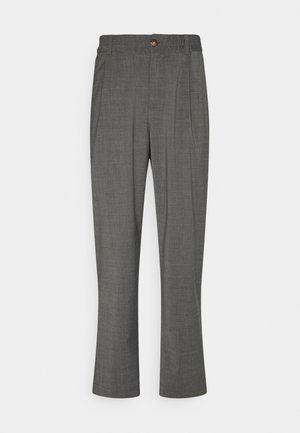 Pantalon droit gris pour femme avec fermeture à bouton et zip, passants pour ceinture et poches latérales, présenté sur un fond blanc.