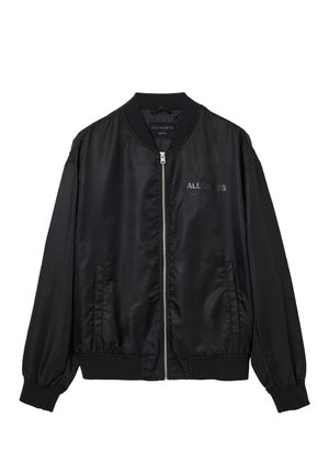 Juoda satino bomber tipo striukė su priekyje esančia užtrauktuku, įpjautu apykaklės ir rankogalių dizainu, šoninėmis kišenėmis ir subtiliu "ALLSAINTS" logotipu ant krūtinės.