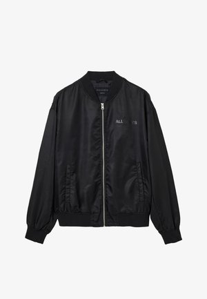 Black satin bomber jacket with front zipper, ribbed collar and cuffs, side pockets, and subtle "ALLSAINTS" logo on chest.