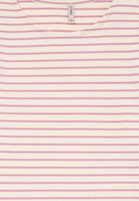 White ribbed fabric top featuring horizontal pink stripes. Plain round neckline with simple stitching details. Soft texture.