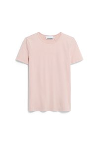 Roze katoenen t-shirt met korte mouwen, ronde hals en een effen ontwerp. Heeft een licht ribbelige textuur en een rechte zoom.