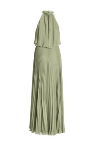 Robe dos nu vert clair avec haut en chiffon fluide et longue jupe plissée, longueur au sol, tenue de soirée élégante.