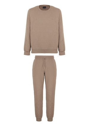 Set di felpa e pantaloni tuta beige, con colletto rotondo, polsini a costine e vita elasticizzata con coulisse sui pantaloni.