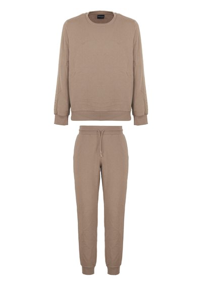 Set di felpa e pantaloni tuta beige, con colletto rotondo, polsini a costine e vita elasticizzata con coulisse sui pantaloni.