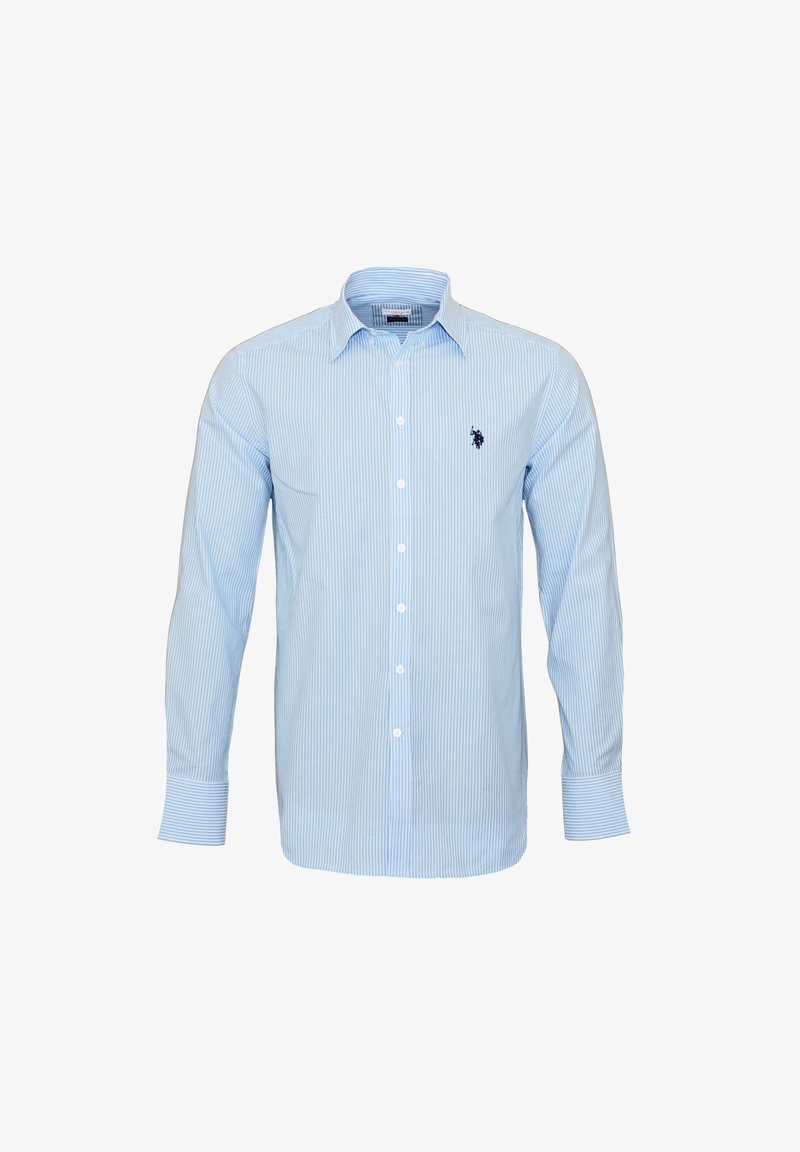Camicia a maniche lunghe a righe blu chiaro con colletto button-down, taschino sul petto e logo ricamato in blu navy. Design aderente.
