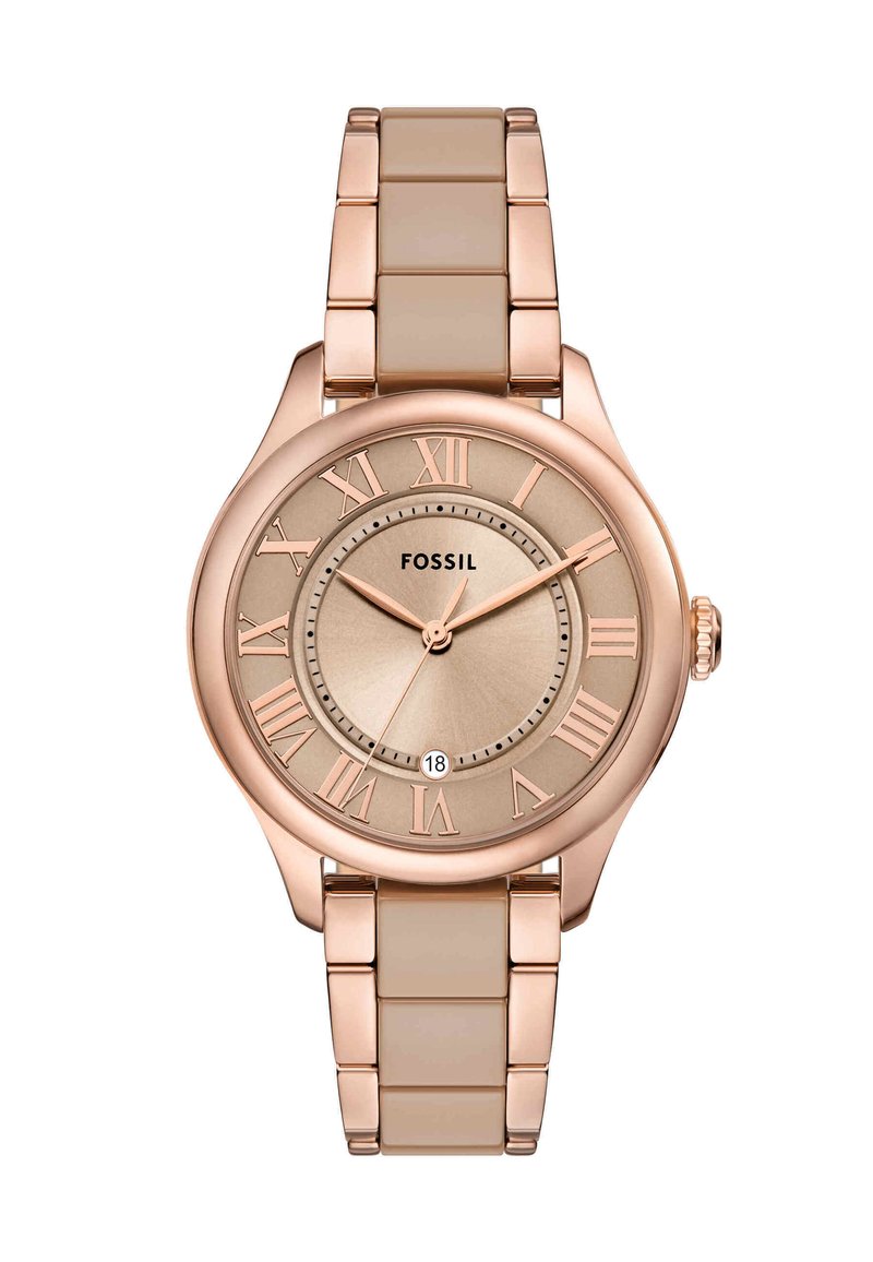 Roségoldene Uhr mit rundem Gehäuse, beiger Silikonarmband, römischen Ziffern auf einem strukturierten goldfarbenen Zifferblatt und einem Datumsdisplay bei 6 Uhr.