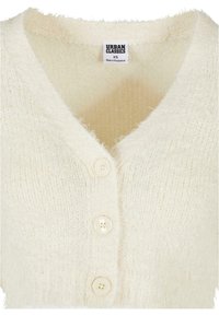 Off-white, fluffig cardigan med V-halsdesign, fyra knäppningar och en mjuk textur. Etiketten säger "Urban Classics" och storlek XS.