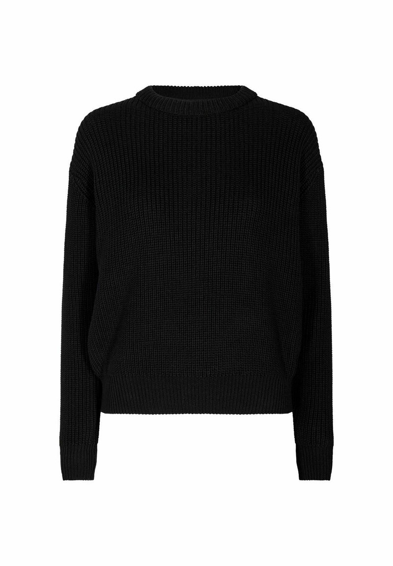 Černý pletený svetr s kulatým výstřihem, volným střihem, žebrovanou strukturou a dlouhými rukávy. Jednoduchý design bez dalších vzorů či kovových detailů.