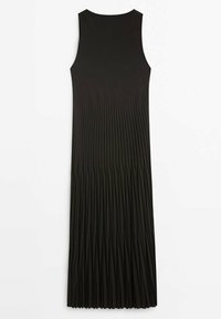 Robe noire sans manches avec un corsage ajusté et une longue jupe plissée, étalée à plat sur un fond blanc.