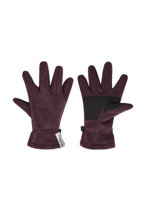 Bordeauxkleurige fleece handschoenen met zwarte gripaccenten en een polsbandje. Getextureerd oppervlak, ontwerp met vijf vingers en een gestikte boord.