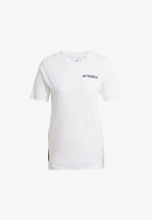 Biała koszulka sportowa z krótkimi rękawami, z siateczkowymi panelami bocznymi i czarnym logo "TERREX" z przodu. Gładka faktura, regularny krój.