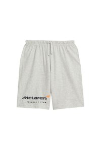 Grijze katoenen shorts met een elastische tailleband, met het McLaren Formula 1 Team-logo in zwart en oranje aan de onderlinkerkant.