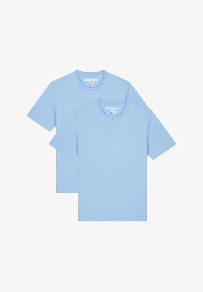 Light blue cotton t-shirts with a crew neck and short sleeves. Two shirts are displayed, featuring a smooth texture and minimal design.