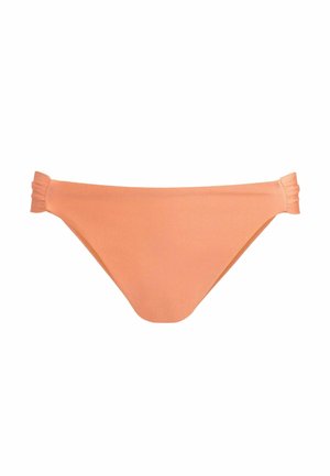 Persikofarvet bikiniunderdel med glat tekstur, der har sammensunket side-accenter og en klassisk trekantet skæring.